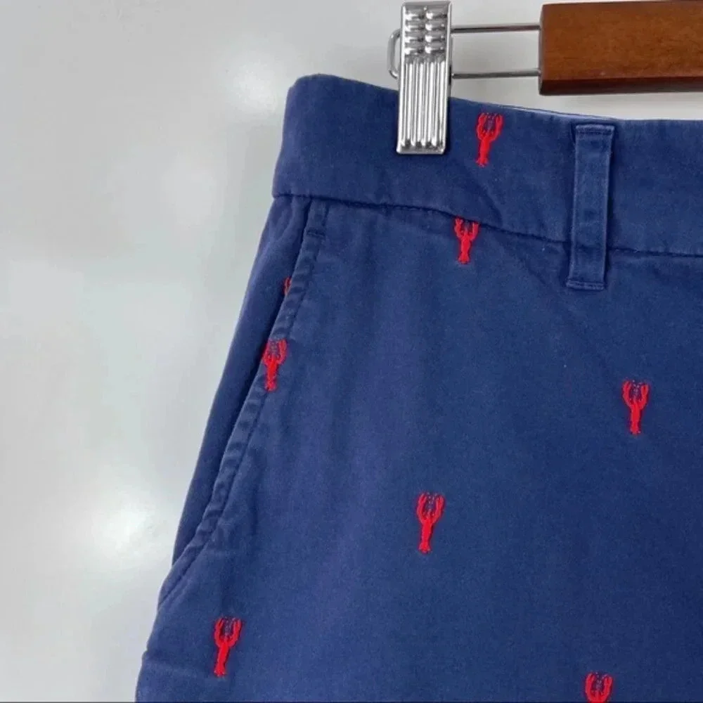 Isaac Mizrahi Navy Blue Embroidered Lobster Print Flat Front Casual Shorts Sz 34